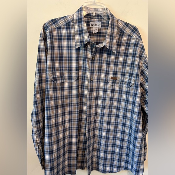 Carhartt Other - Mens Carhartt Shirt 2XL Button Down Blue Plaid LS 100% Cotton Leather Pocket Tag